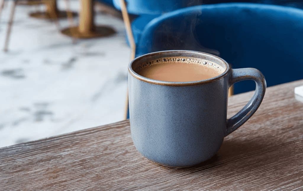 A steaming mug of RIZQ chai on a wooden table