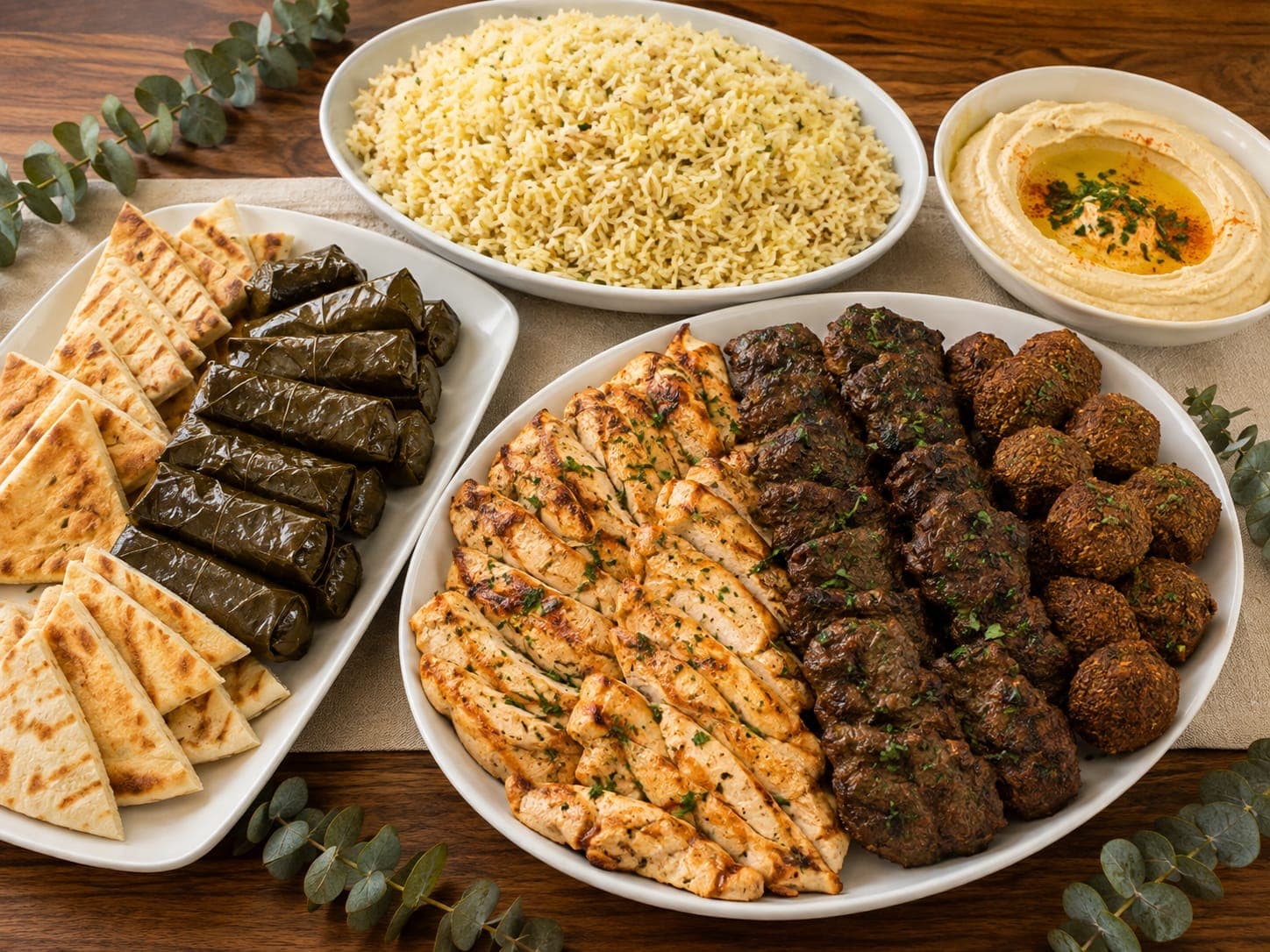 Mediterranean feast with grilled chicken, beef kebab, falafel, dolmas, rice, and hummus from iJava Cafe catering