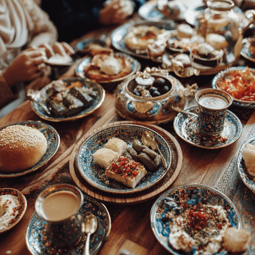 A spread of RIZQ halal dishes shared around a table
